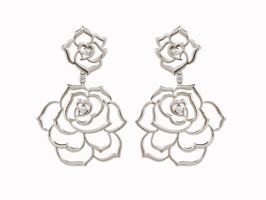 18k white gold camellia earrings with diamonds