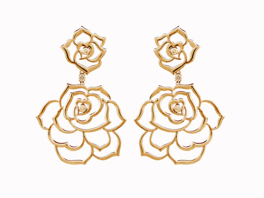 18k yellow gold camellia earrings with diamonds