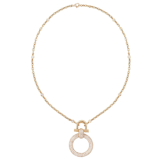 Pave diamond horse bit circle pendant necklace, 18k yellow gold