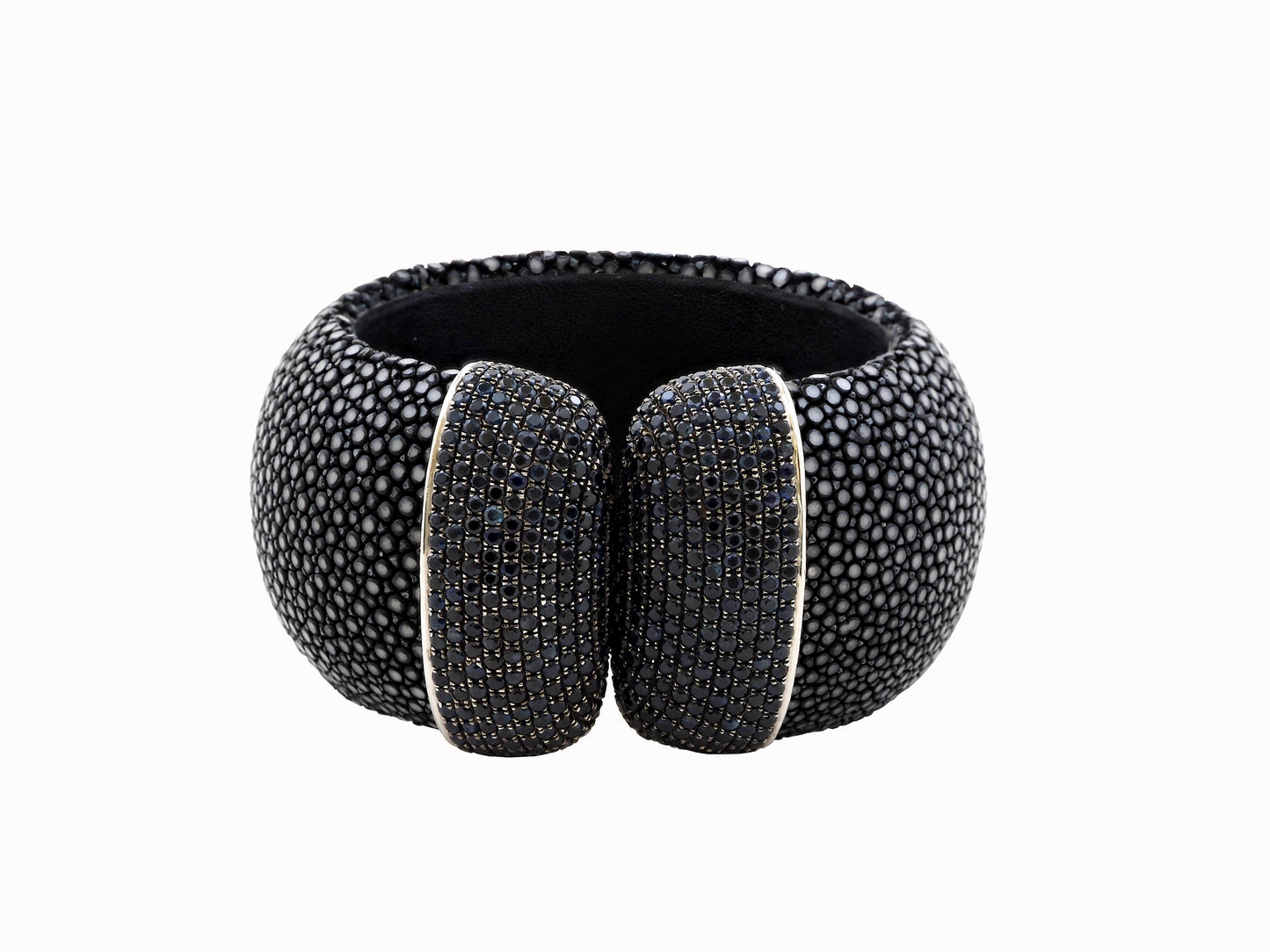 Shagreen cuff bracelet with blue sapphires set in sterling silver