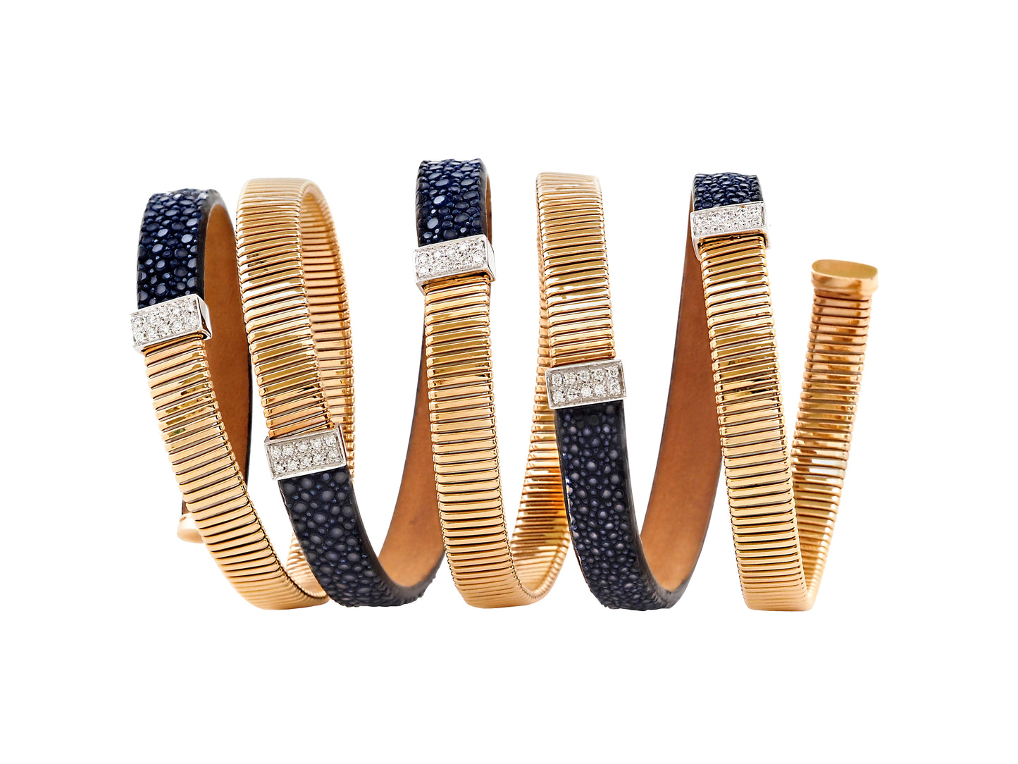 18k Italian rose gold Shagreen Tubogas wrap bracelet with 5 pave diamond stations