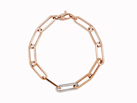 Large Rose Gold and Pave Diamond Paperclip Bracelet